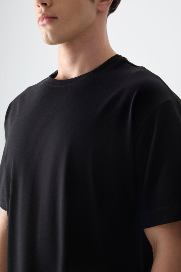 Siyah %100 Pamuk Kalın Yumuşak Dokulu Oversize Fit Basic Erkek T-Shirt - 88353 - 5
