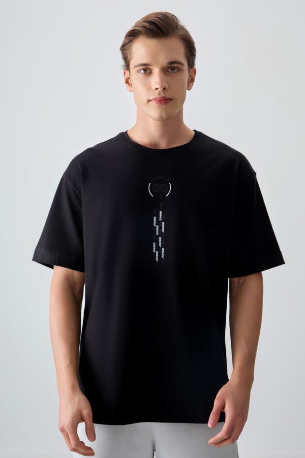 Siyah %100 Pamuk Kalın Yumuşak Dokulu Oversize Fit Baskılı Erkek T-Shirt - 88355 - 4