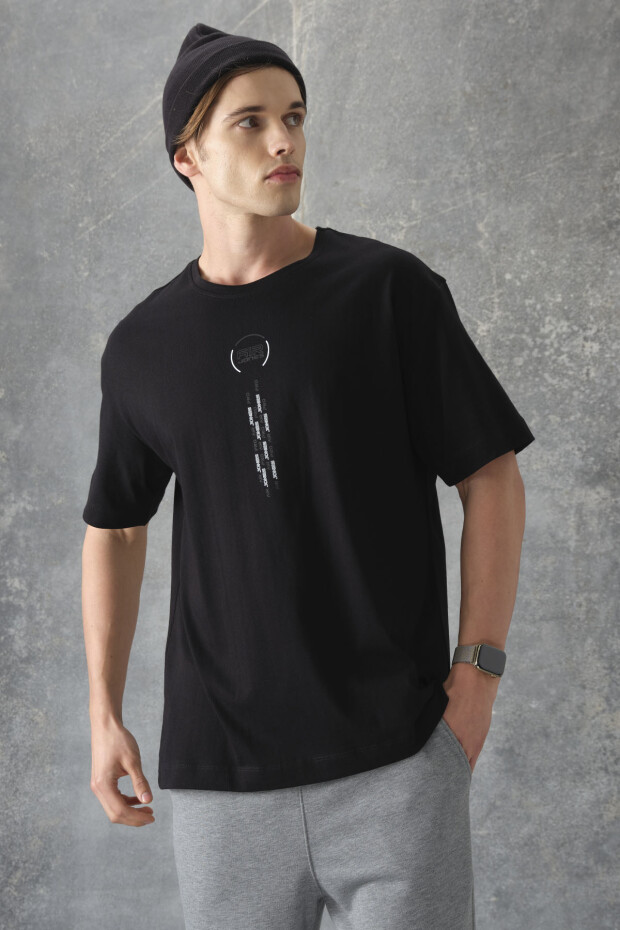 Siyah %100 Pamuk Kalın Yumuşak Dokulu Oversize Fit Baskılı Erkek T-Shirt - 88355 - 6