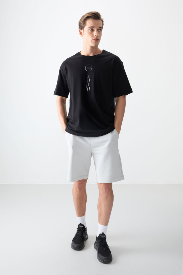 Siyah %100 Pamuk Kalın Yumuşak Dokulu Oversize Fit Baskılı Erkek T-Shirt - 88355 - 5
