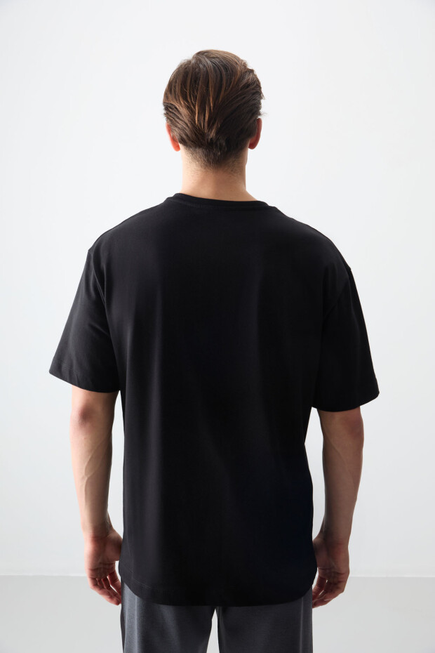 Siyah %100 Pamuk Kalın Yumuşak Dokulu Oversize Fit Baskılı Erkek T-Shirt - 88356 - 5