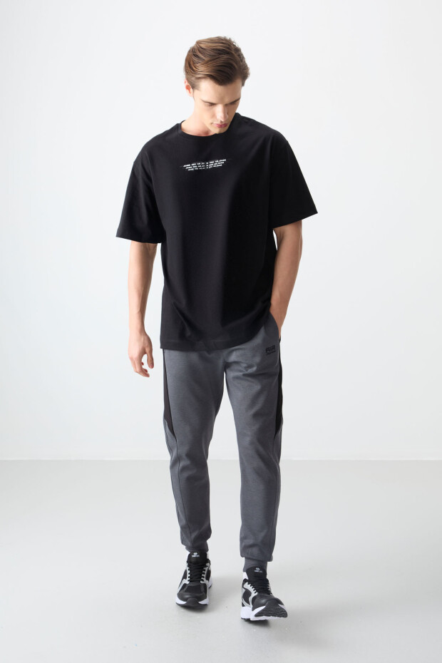 Siyah %100 Pamuk Kalın Yumuşak Dokulu Oversize Fit Baskılı Erkek T-Shirt - 88356 - 2