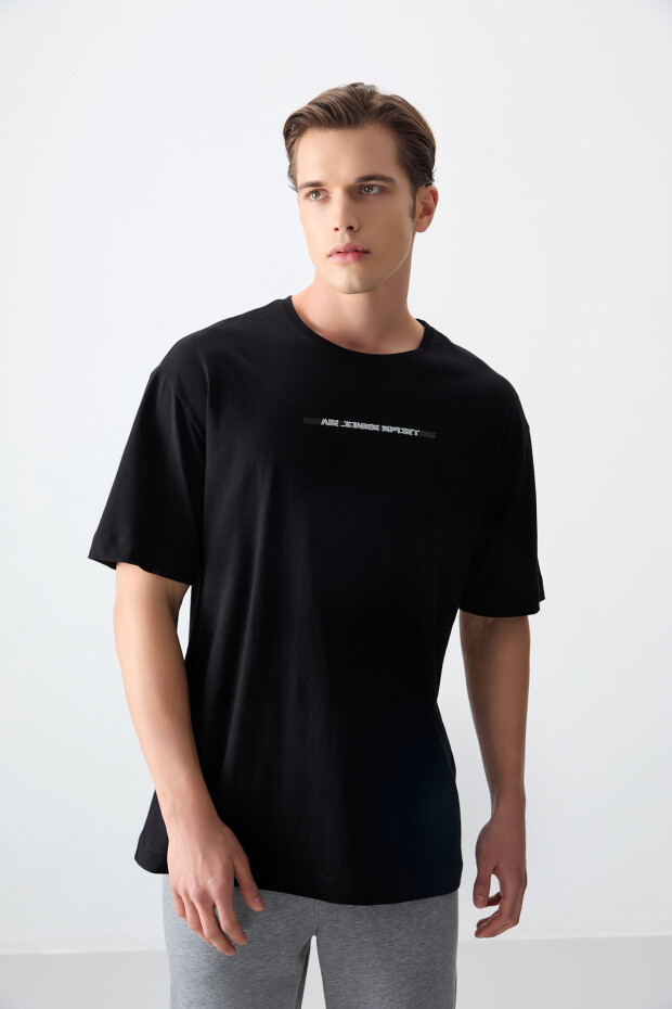 Siyah %100 Pamuk Kalın Yumuşak Dokulu Oversize Fit Baskılı Erkek T-Shirt - 88358 - 3