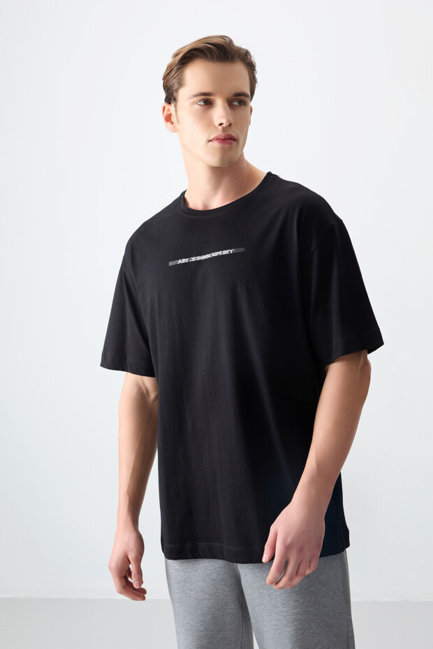 Siyah %100 Pamuk Kalın Yumuşak Dokulu Oversize Fit Baskılı Erkek T-Shirt - 88358 - 1