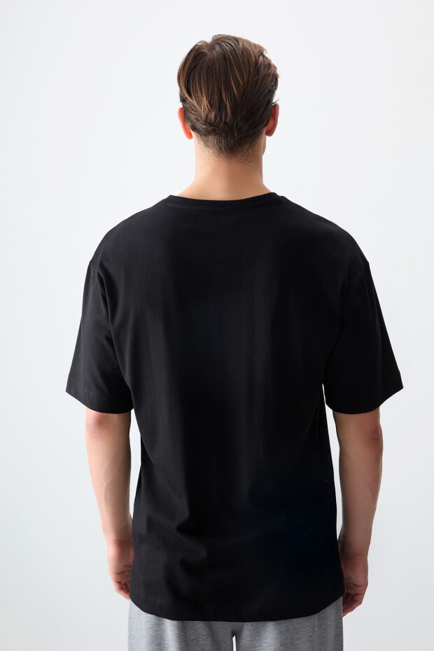 Siyah %100 Pamuk Kalın Yumuşak Dokulu Oversize Fit Baskılı Erkek T-Shirt - 88358 - 4