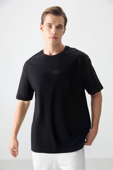 Siyah %100 Pamuk Kalın Yumuşak Dokulu Oversize Fit Baskılı Erkek T-Shirt - 88361 