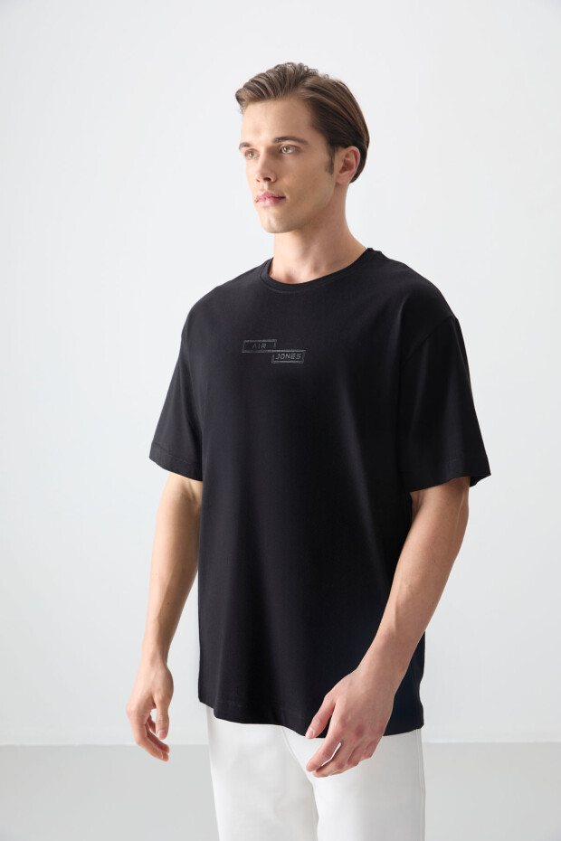 Siyah %100 Pamuk Kalın Yumuşak Dokulu Oversize Fit Baskılı Erkek T-Shirt - 88361 - 2