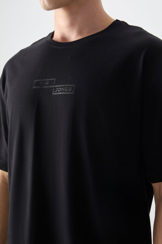 Siyah %100 Pamuk Kalın Yumuşak Dokulu Oversize Fit Baskılı Erkek T-Shirt - 88361 - 3