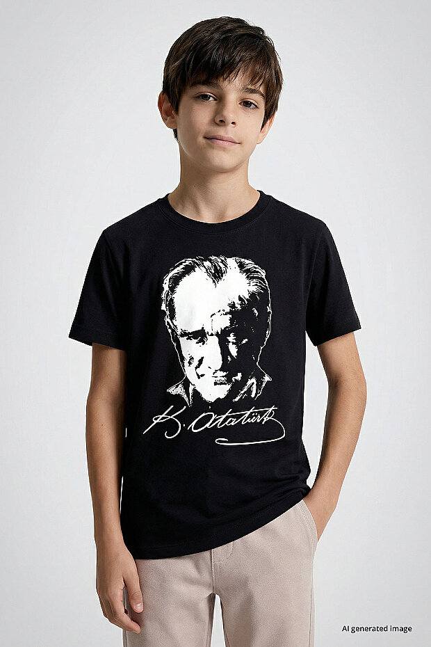 Siyah Atatürk Baskılı Unisex Çocuk T-Shirt - 11332 - 3