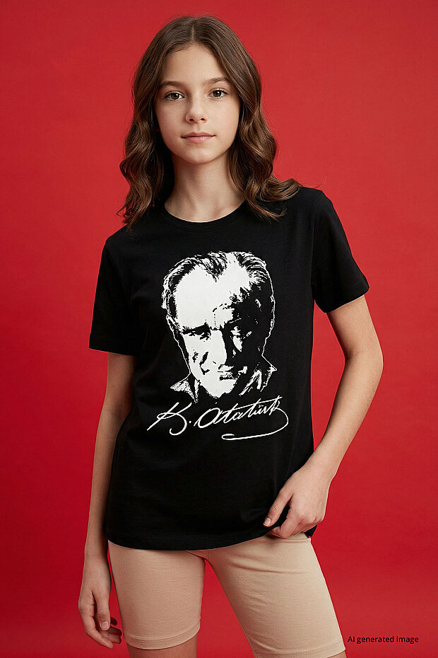 Siyah Atatürk Baskılı Unisex Çocuk T-Shirt - 11332 - 4