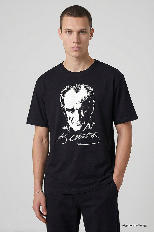 Siyah Ay Yıldız Baskılı Unisex T-Shirt - 88510 - 4