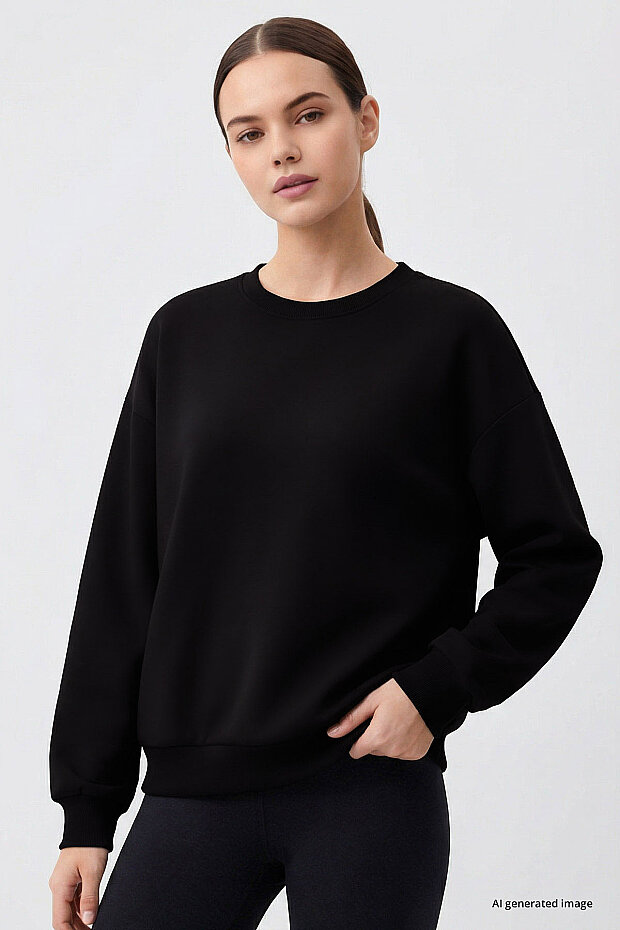Siyah Basic O Yaka Oversize Kadın Sweatshirt - 97053 - 3