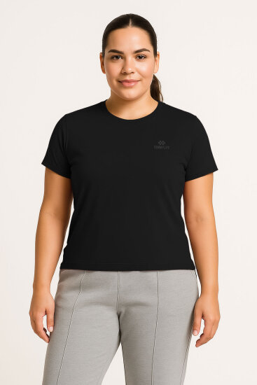 Siyah Baskılı O Yaka Rahat Form Battal Büyük Beden Kadın T-Shirt - 97308 