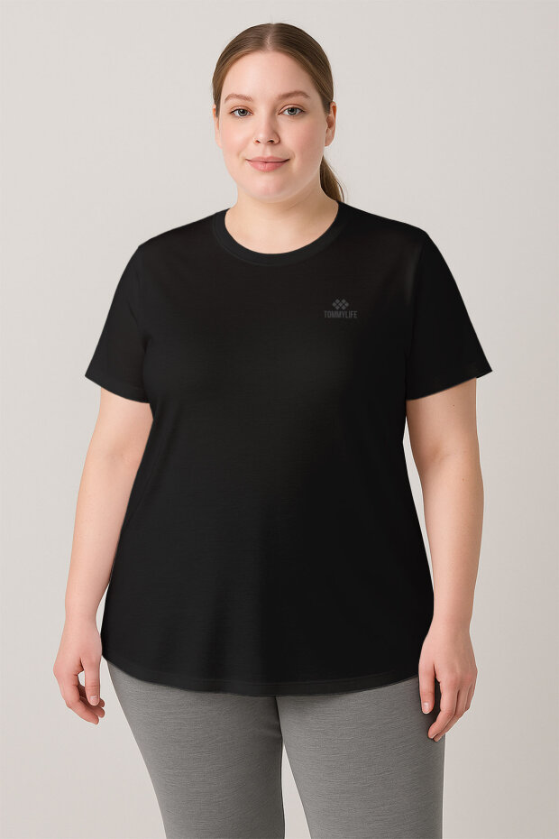 Siyah Baskılı O Yaka Rahat Form Battal Büyük Beden Kadın T-Shirt - 97308 - 1