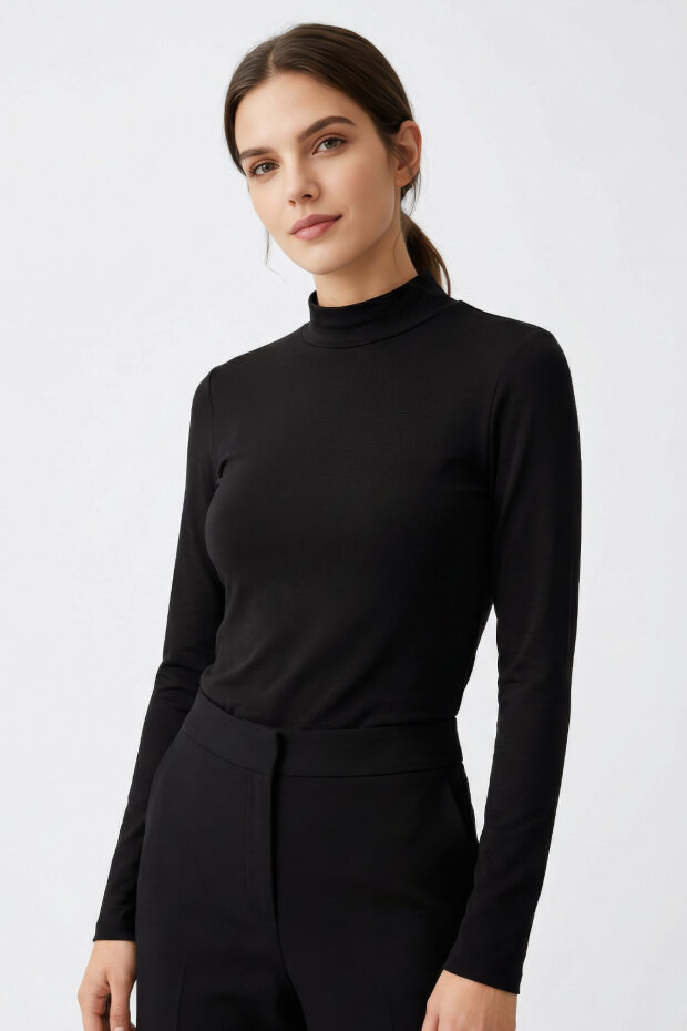 Siyah Balıkçı Yaka Basic Uzun Kollu Kadın Body - 97306 - 3