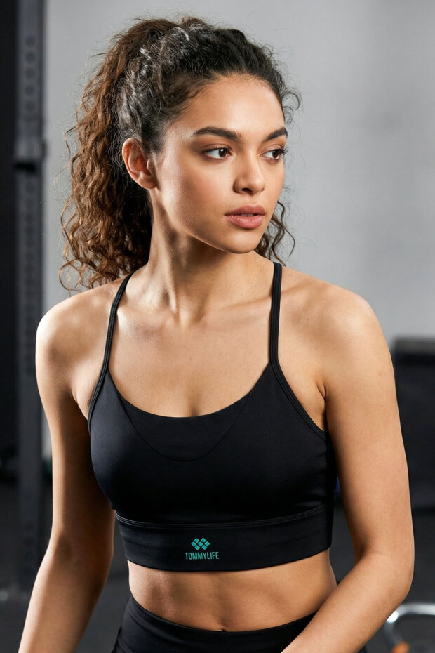 Siyah Standart Fit Baskılı Sırt Detaylı Kadın Spor Büstiyer - 97300 - 1