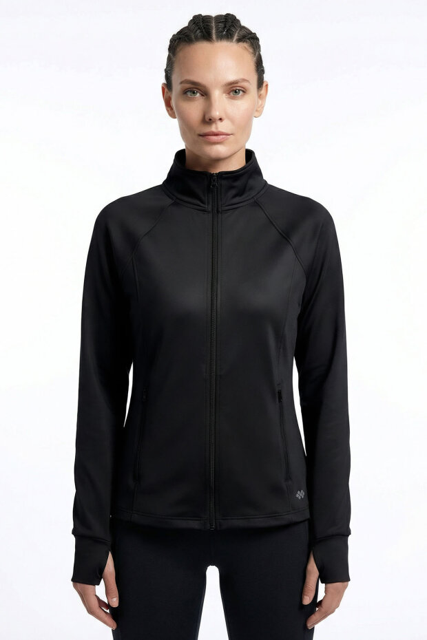 Siyah Fermuarlı Dik Yaka Basic Rahat Form Kadın Koşu Ceketi - 97310 - 1