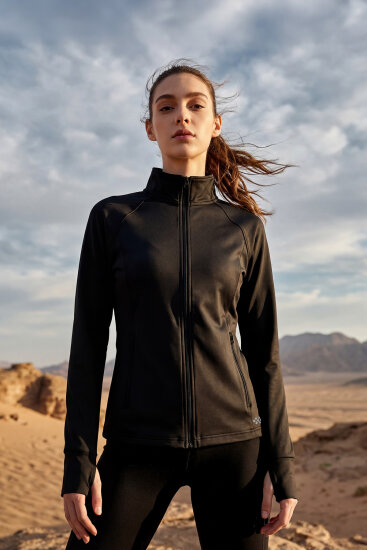 Siyah Fermuarlı Dik Yaka Basic Rahat Form Kadın Koşu Ceketi - 97310 