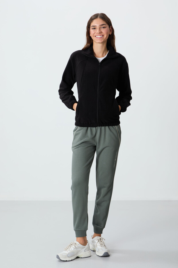 Siyah Kalın Yumuşak Dokulu Dik Yaka Oversize Nakışlı Polar Kadın Sweatshirt - 97293 - 4