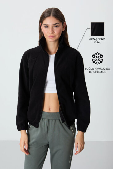 Siyah Kalın Yumuşak Dokulu Dik Yaka Oversize Nakışlı Polar Kadın Sweatshirt - 97293 