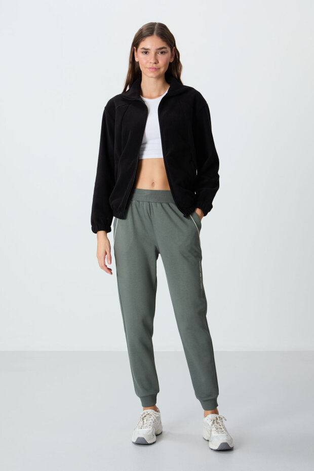 Siyah Kalın Yumuşak Dokulu Dik Yaka Oversize Nakışlı Polar Kadın Sweatshirt - 97293 - 2