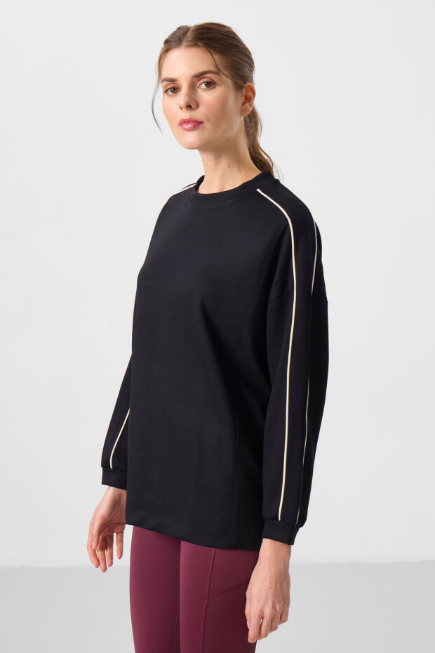 Siyah Yumuşak Dokulu O Yaka Oversize Kadın Tunik Sweatshirt - 97303 - 4