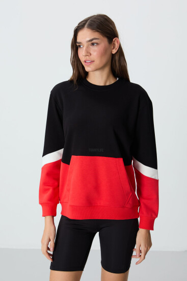 Siyah Kompakt Pamuklu Kalın Pürüzsüz Dokulu O Yaka Oversize Fit Kadın Sweatshirt - 97289 