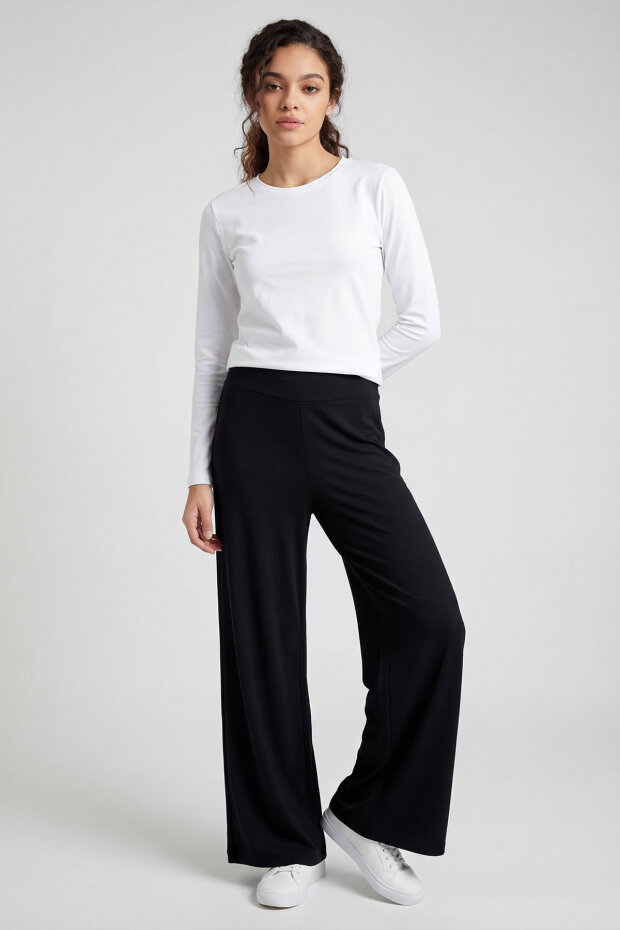 Siyah Comfort Fit Geniş Paça Korsajlı Palazzo Kadın Pantolon - 94681 - 4