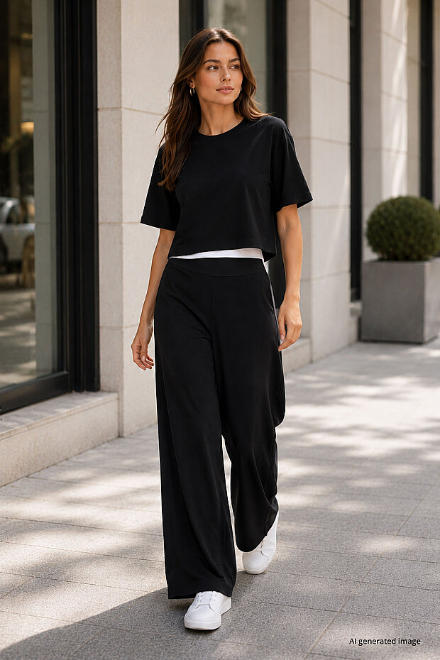 Siyah Comfort Fit Geniş Paça Korsajlı Palazzo Kadın Pantolon - 94681 - 2