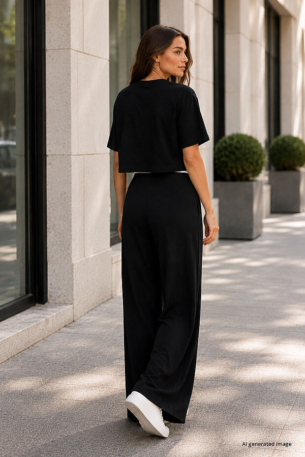 Siyah Comfort Fit Geniş Paça Korsajlı Palazzo Kadın Pantolon - 94681 - 6
