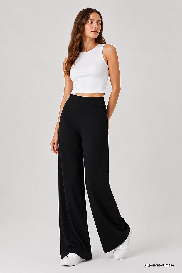 Siyah Comfort Fit Geniş Paça Korsajlı Palazzo Kadın Pantolon - 94681 - 4