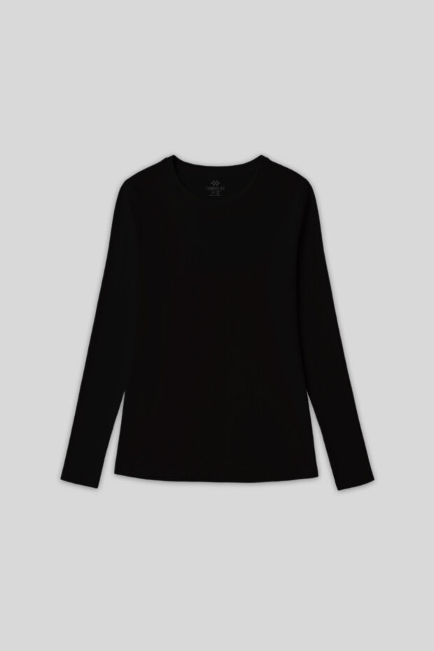 Siyah O Yaka Standart Fit Uzun Kollu Basic Kadın T-Shirt - 97312 - 1