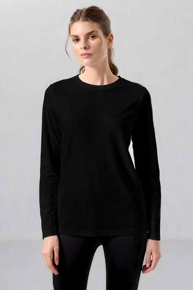 Siyah O Yaka Standart Fit Uzun Kollu Basic Kadın T-Shirt - 97312 - 2