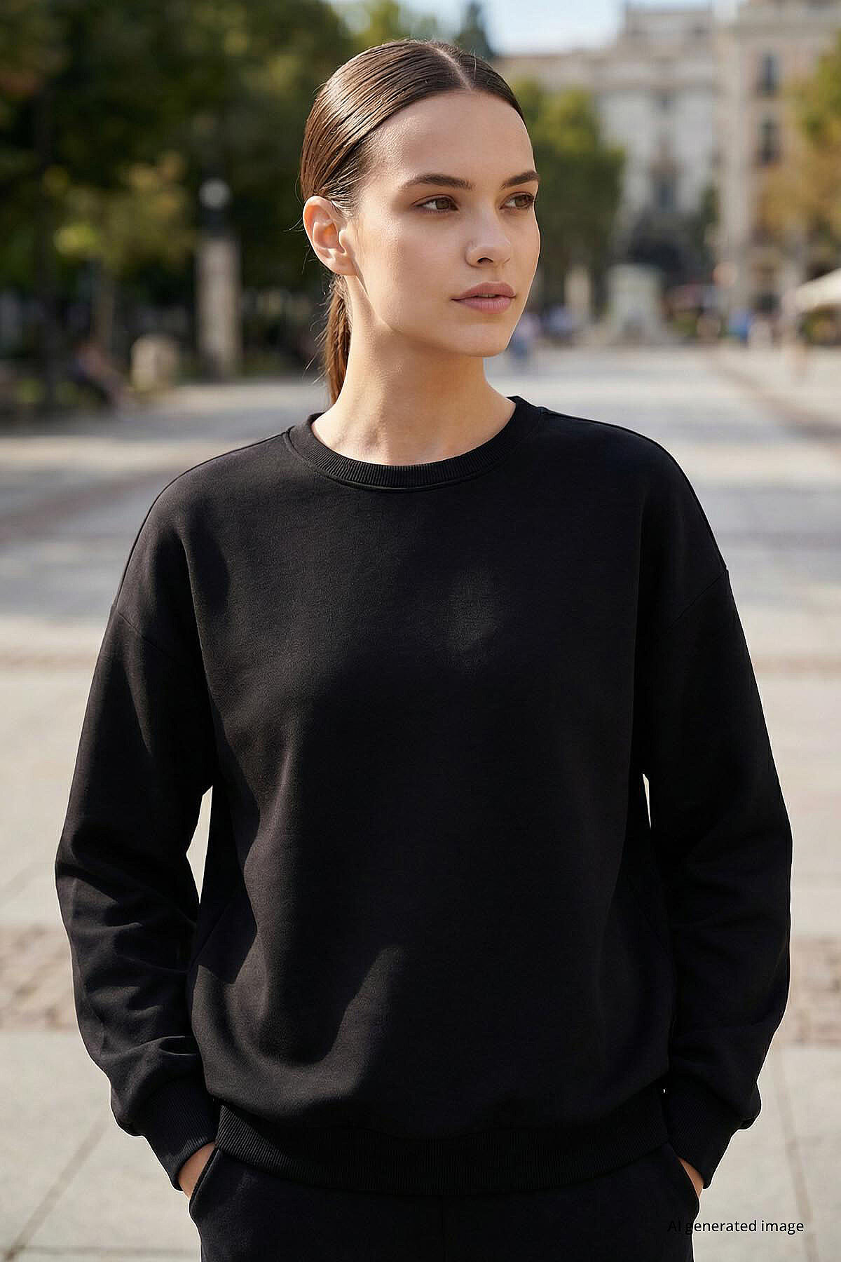 Siyah Basic O Yaka Oversize Kadın Sweatshirt - 97053 - TOMMYLIFE