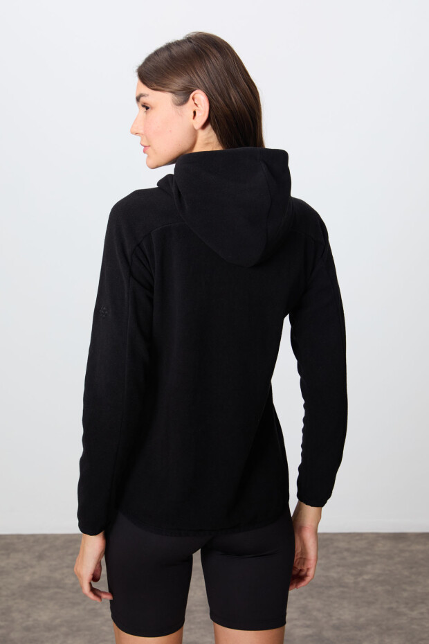 Siyah Kalın Yumuşak Dokulu Kapüşonlu Standart Fit Nakışlı Polar Kadın Sweatshirt -97287 - 5