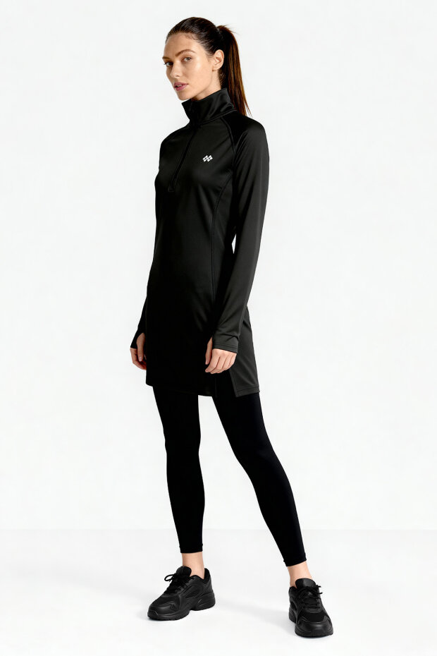 Siyah Yarım Fermuarlı Dik Yaka Standart Kalıp Kadın Sporcu Tunik - 97309 - 3