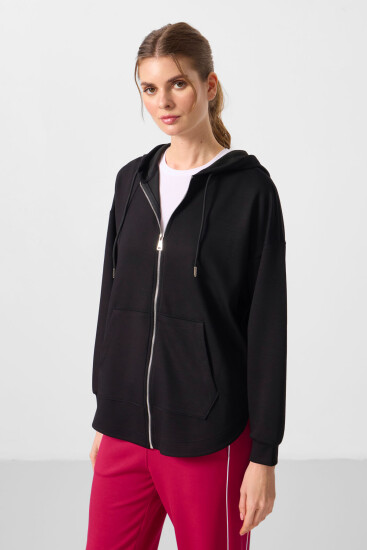Siyah Yumuşak Dokulu Kapüşonlu Oversize Kadın Tunik Sweatshirt - 97302 