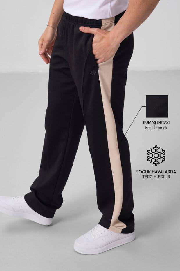 Siyah-Bej Yüzeyi Dokulu Standart Fit Palazzo Erkek Pantolon - 82171 - 1