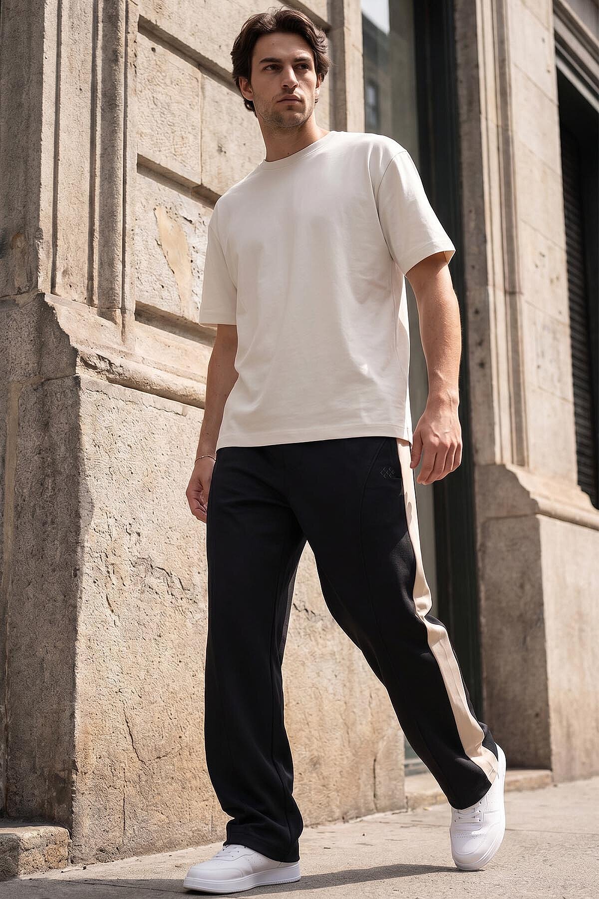 Siyah-Bej Yüzeyi Dokulu Standart Fit Palazzo Erkek Pantolon - 82171 - TOMMYLIFE