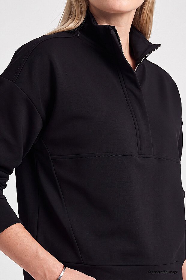 Siyah Dik Yaka Fermuarlı Rahat Form Kadın Sweatshirt - 97314 - 3