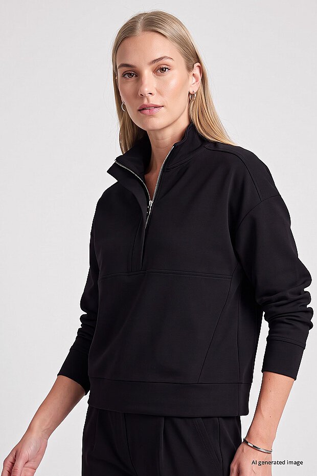 Siyah Dik Yaka Fermuarlı Rahat Form Kadın Sweatshirt - 97314 - 2