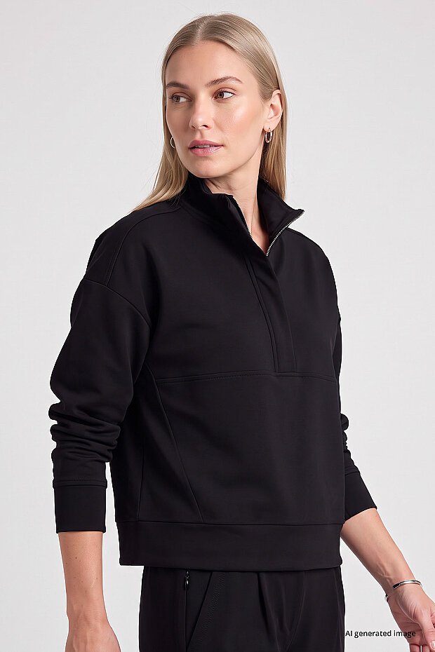 Siyah Dik Yaka Fermuarlı Rahat Form Kadın Sweatshirt - 97314 - 4