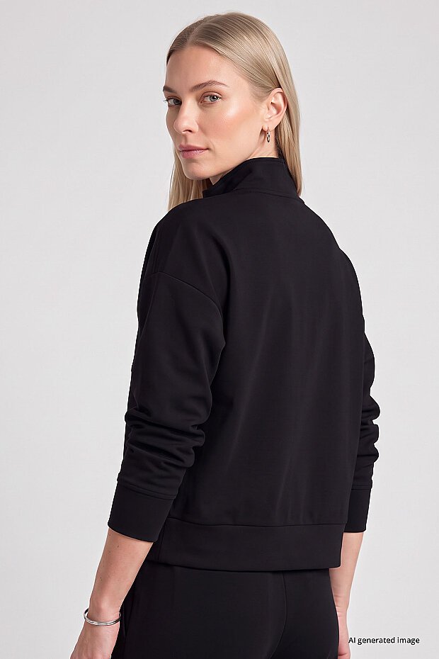 Siyah Dik Yaka Fermuarlı Rahat Form Kadın Sweatshirt - 97314 - 5