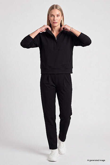 Siyah Dik Yaka Fermuarlı Rahat Form Kadın Sweatshirt - 97314 