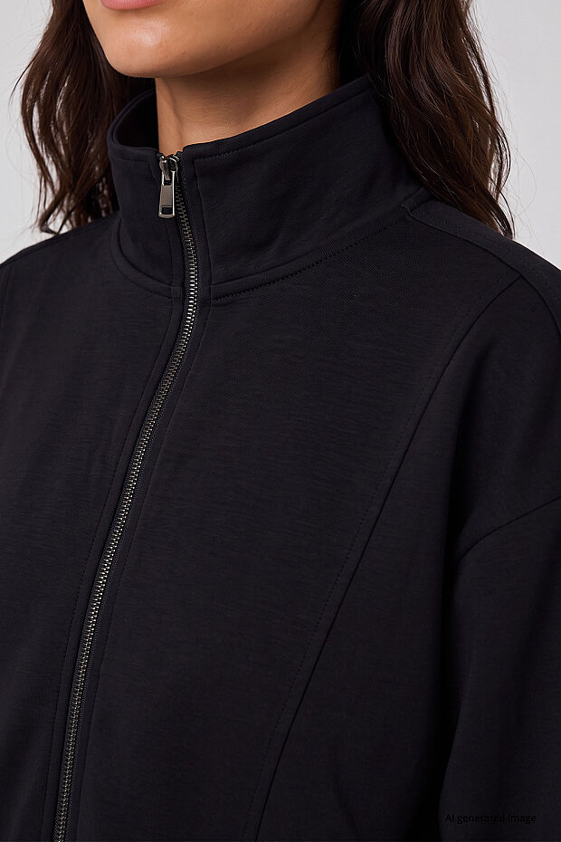 Siyah Dik Yaka Standart Kalıp Crop Kadın Sweatshirt - 97317 - 4