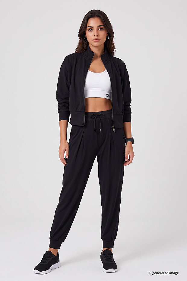 Siyah Dik Yaka Standart Kalıp Crop Kadın Sweatshirt - 97317 - 3