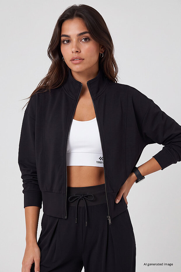 Siyah Dik Yaka Standart Kalıp Crop Kadın Sweatshirt - 97317 - 1
