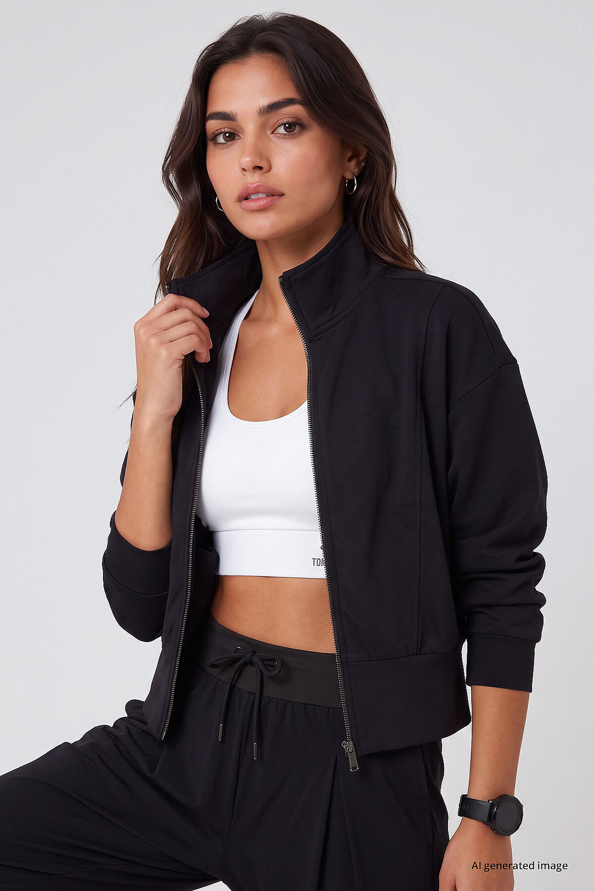 Siyah Dik Yaka Standart Kalıp Crop Kadın Sweatshirt - 97317 - TOMMYLIFE (1)