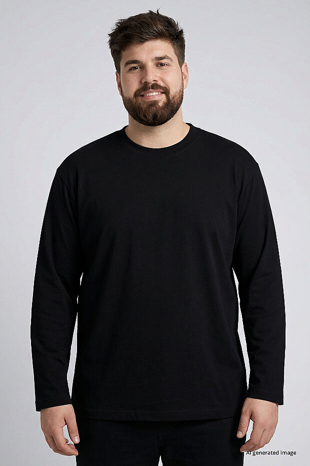 Siyah O Yaka Rahat Form Battal Büyük Beden Uzun Kollu Erkek T-Shirt - 88107 - 3