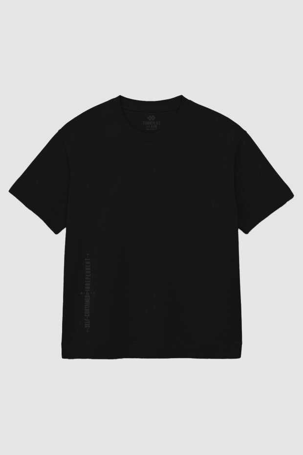 Siyah Baskılı O Yaka Rahat Form Battal Büyük Beden T-Shirt - 88472 - 1